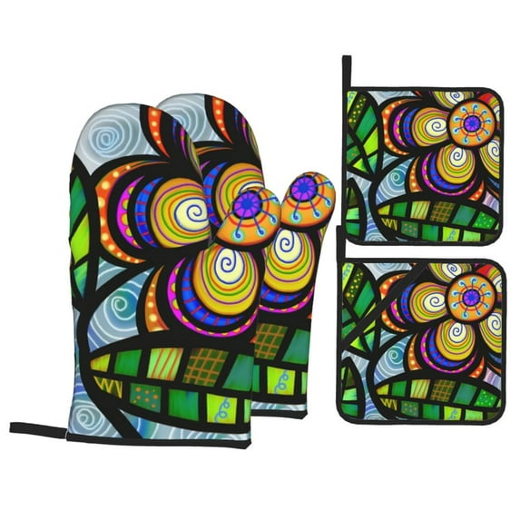YFYANG Oven Mitts and Pot Holders Sets 4 Pieces, Non-Slip Heat Resistant Vintage Painted Flowers Kitchen Glove Pot Mat for Cooking and Baking