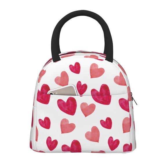 YFYANG Portable Waterproof Insulated Lunch Bag, Red Watercolor Heart Pattern Reusable Cooler Bag / Picnic Bag for Adults Teens