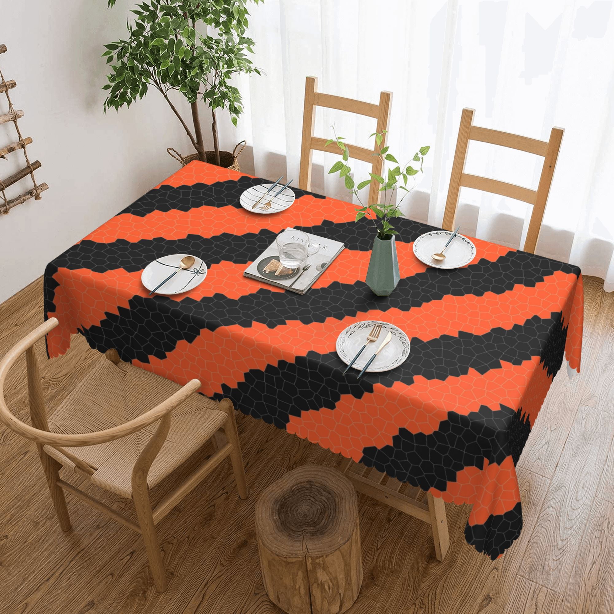 YFYANG Rectangular Polyester Table Cloth Orange and Black Stripes Table