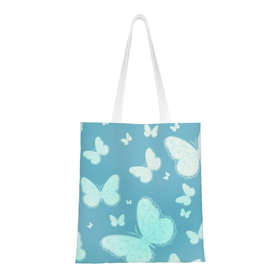 YFYANG Reusable Cotton Canvas Tote Shopping Bag, Blue Dream Butterfly Washable Portable Grocery Bag for Daily Travel