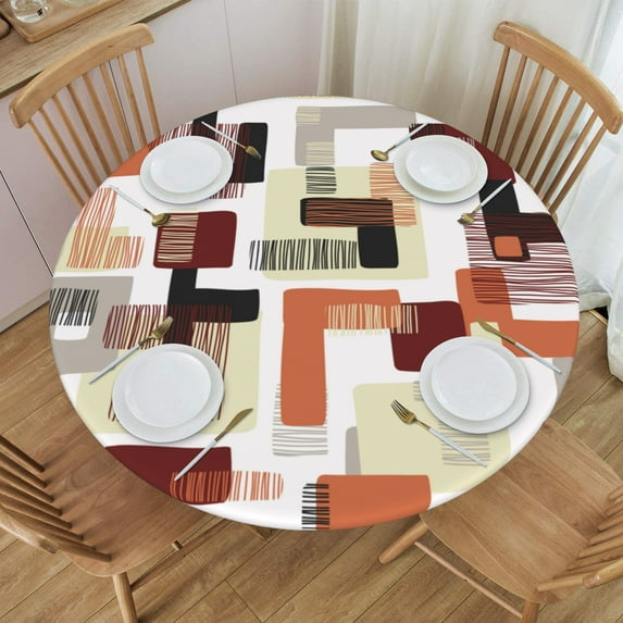 YFYANG Round Fitted Table Cloth, Waterproof Abstract Geometric Line Texture Pattern Polyester Table Cover, Indoor Outdoor Decorative Tablecloths with Elastic Edge