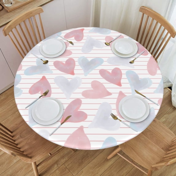 YFYANG Round Fitted Table Cloth, Waterproof Abstract Heart Line Texture Pattern Polyester Table Cover, Indoor Outdoor Decorative Tablecloths with Elastic Edge