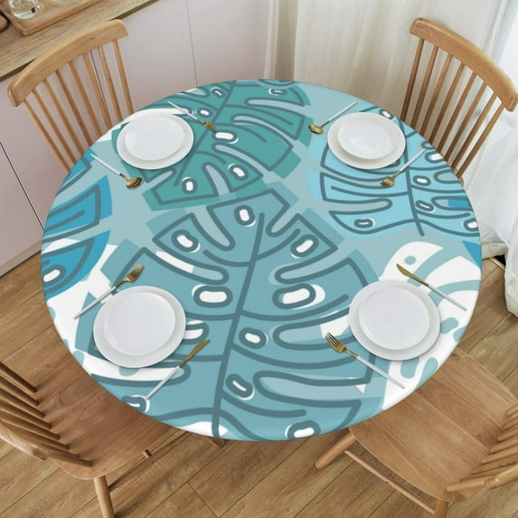 YFYANG Round Fitted Table Cloth, Waterproof Abstract Leaf Texture Pattern Polyester Table Cover, Indoor Outdoor Decorative Tablecloths with Elastic Edge