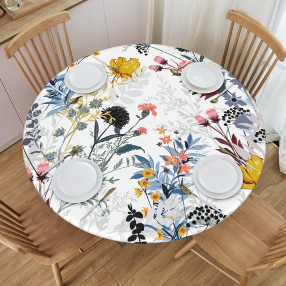 YFYANG Round Fitted Table Cloth, Waterproof Abstract Vintage Spring Flower Texture Pattern Polyester Table Cover, Indoor Outdoor Decorative Tablecloths with Elastic Edge