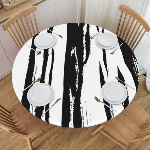 YFYANG Round Fitted Table Cloth, Waterproof Black Vintage Texture Pattern Polyester Table Cover, Indoor Outdoor Decorative Tablecloths with Elastic Edge