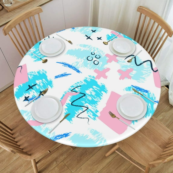 YFYANG Round Fitted Table Cloth, Waterproof Blue Abstract Watercolor Pattern Polyester Table Cover, Indoor Outdoor Decorative Tablecloths with Elastic Edge