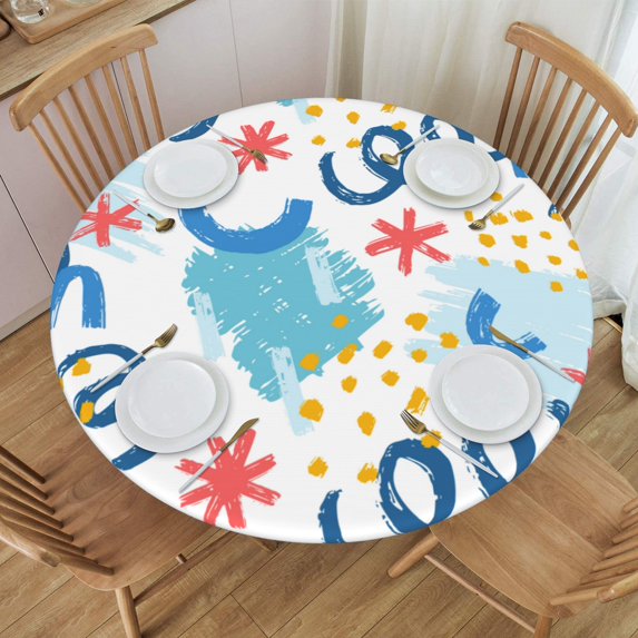 YFYANG Round Fitted Table Cloth, Waterproof Blue Watercolor Abstract Texture Pattern Polyester Table Cover, Indoor Outdoor Decorative Tablecloths with Elastic Edge
