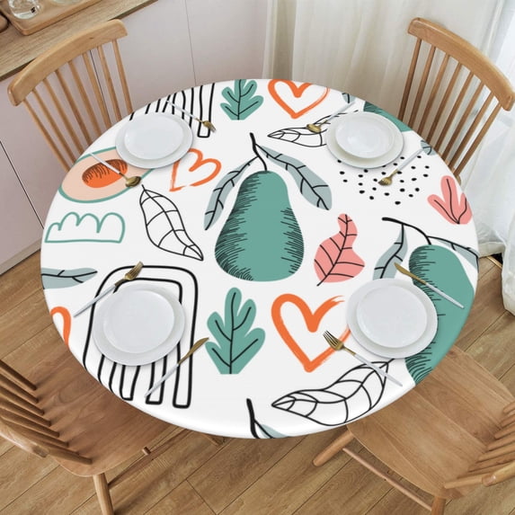 YFYANG Round Fitted Table Cloth, Waterproof Cartoon Abstract Fruit Line Doodle Pattern Polyester Table Cover, Indoor Outdoor Decorative Tablecloths with Elastic Edge
