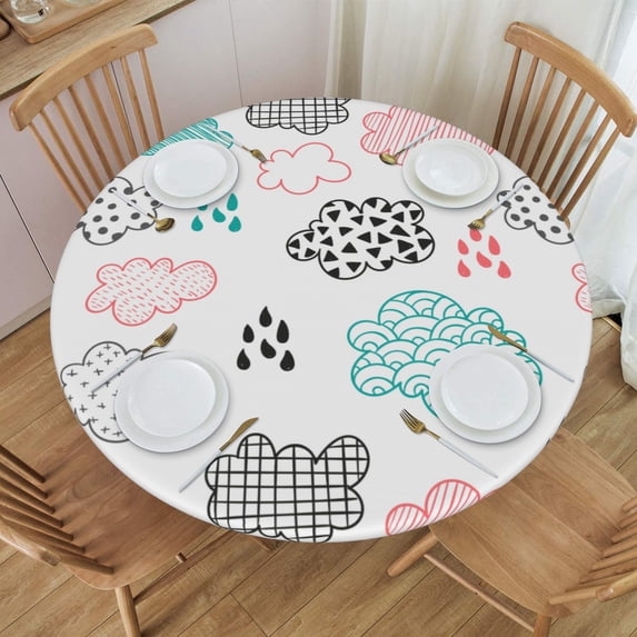 YFYANG Round Fitted Table Cloth, Waterproof Cute Cloud Doodles Pattern Polyester Table Cover, Indoor Outdoor Decorative Tablecloths with Elastic Edge