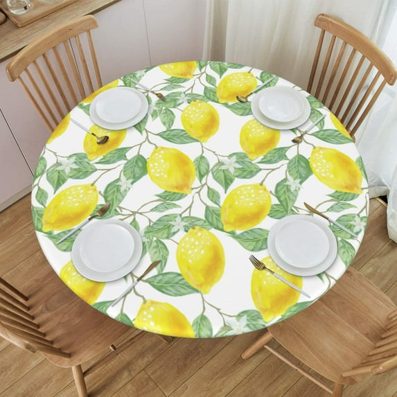 YFYANG Round Fitted Table Cloth, Waterproof Fruit Lemon Art Pattern Polyester Table Cover, Indoor Outdoor Decorative Tablecloths with Elastic Edge