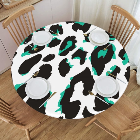 YFYANG Round Fitted Table Cloth, Waterproof Green Vintage Abstract Leopard Texture Pattern Polyester Table Cover, Indoor Outdoor Decorative Tablecloths with Elastic Edge
