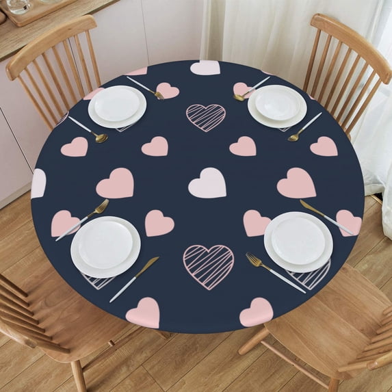 YFYANG Round Fitted Table Cloth, Waterproof Pink Cute Heart Texture Pattern Polyester Table Cover, Indoor Outdoor Decorative Tablecloths with Elastic Edge