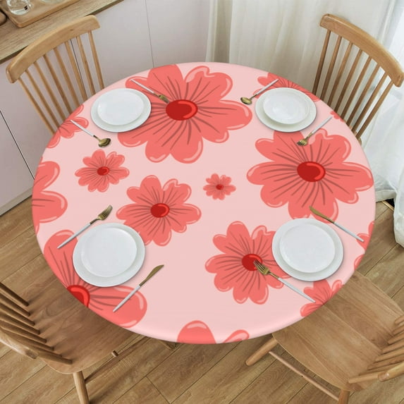 YFYANG Round Fitted Table Cloth, Waterproof Pink Floral Pattern Polyester Table Cover, Indoor Outdoor Decorative Tablecloths with Elastic Edge