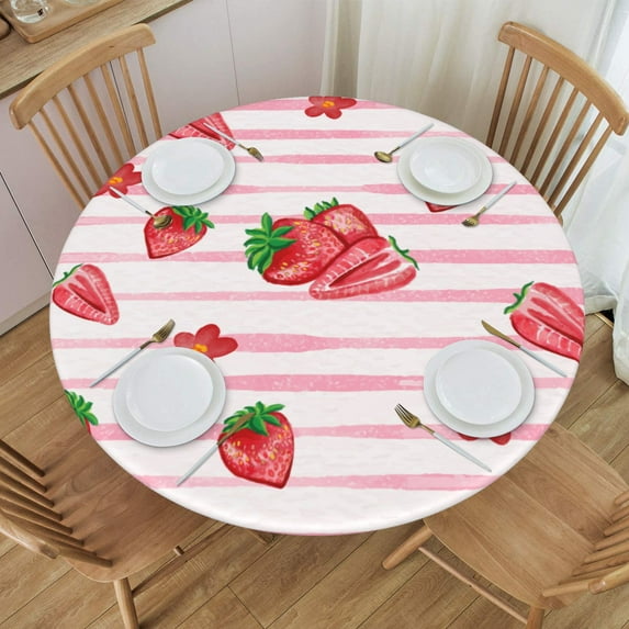 YFYANG Round Fitted Table Cloth, Waterproof Pink Striped Watercolor Strawberry Pattern Polyester Table Cover, Indoor Outdoor Decorative Tablecloths with Elastic Edge