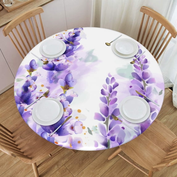 YFYANG Round Fitted Table Cloth, Waterproof Purple Lavender Watercolor Doodle Pattern Polyester Table Cover, Indoor Outdoor Decorative Tablecloths with Elastic Edge