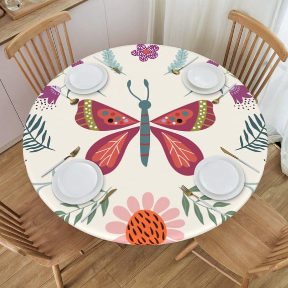 YFYANG Round Fitted Table Cloth, Waterproof Spring Butterfly Flower Doodle Pattern Polyester Table Cover, Indoor Outdoor Decorative Tablecloths with Elastic Edge
