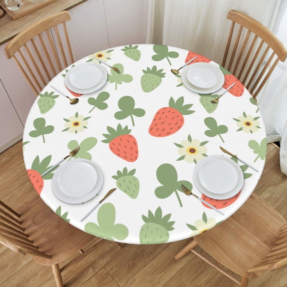 YFYANG Round Fitted Table Cloth, Waterproof Strawberry Floral Graffiti Pattern Polyester Table Cover, Indoor Outdoor Decorative Tablecloths with Elastic Edge
