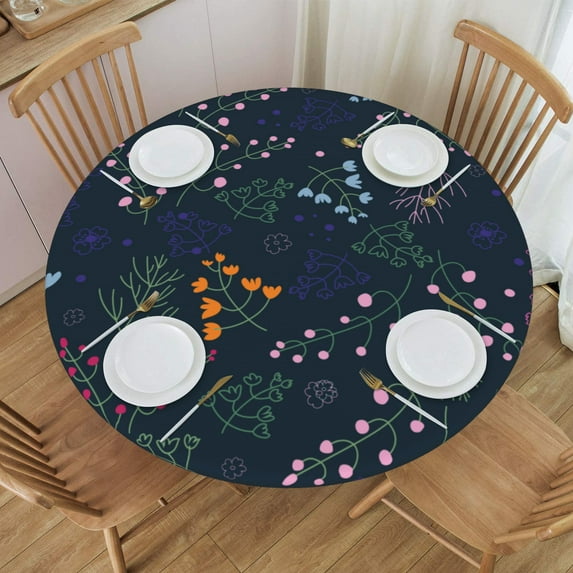 YFYANG Round Fitted Table Cloth, Waterproof Vintage Abstract Flower Graffiti Pattern Polyester Table Cover, Indoor Outdoor Decorative Tablecloths with Elastic Edge