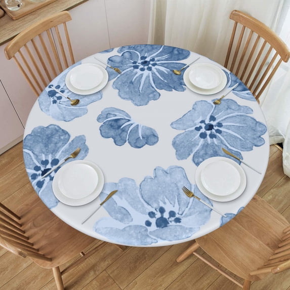 YFYANG Round Fitted Table Cloth, Waterproof Vintage Blue Watercolor Flower Pattern Polyester Table Cover, Indoor Outdoor Decorative Tablecloths with Elastic Edge