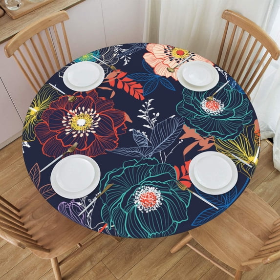 YFYANG Round Fitted Table Cloth, Waterproof Vintage Floral Line Texture Pattern Polyester Table Cover, Indoor Outdoor Decorative Tablecloths with Elastic Edge