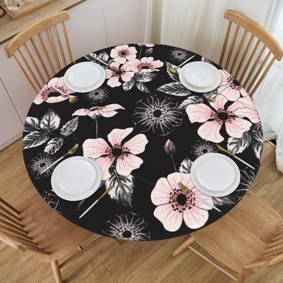 YFYANG Round Fitted Table Cloth, Waterproof Vintage Pink Floral Graffiti Pattern Polyester Table Cover, Indoor Outdoor Decorative Tablecloths with Elastic Edge
