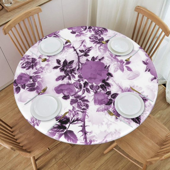 YFYANG Round Fitted Table Cloth, Waterproof Vintage Purple Floral Pattern Polyester Table Cover, Indoor Outdoor Decorative Tablecloths with Elastic Edge