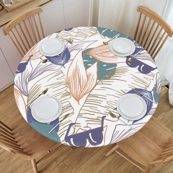 YFYANG Round Fitted Table Cloth, Waterproof Vintage Tropical Leaf Texture Pattern Polyester Table Cover, Indoor Outdoor Decorative Tablecloths with Elastic Edge