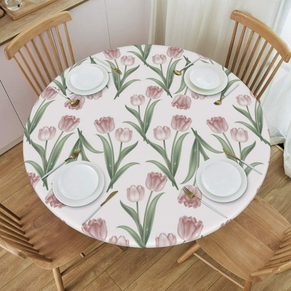 YFYANG Round Fitted Table Cloth, Waterproof Vintage Tulip Pattern Polyester Table Cover, Indoor Outdoor Decorative Tablecloths with Elastic Edge