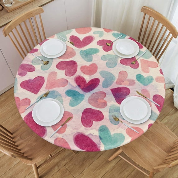YFYANG Round Fitted Table Cloth, Waterproof Vintage Watercolor Heart Doodle Pattern Polyester Table Cover, Indoor Outdoor Decorative Tablecloths with Elastic Edge