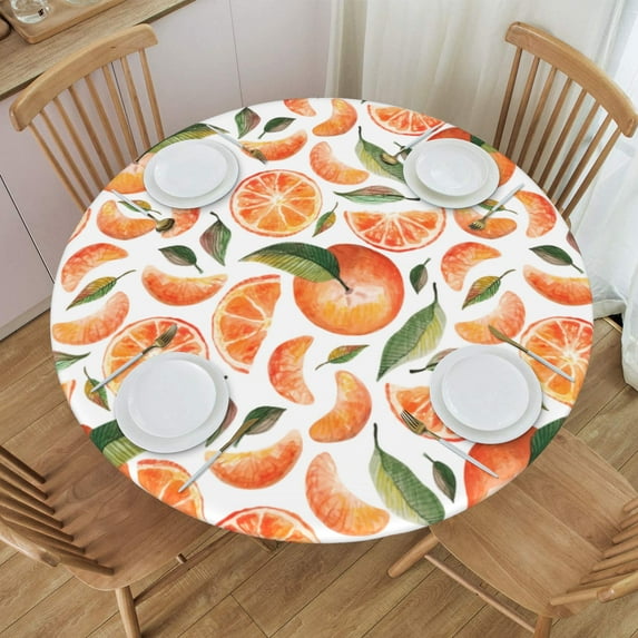 YFYANG Round Fitted Table Cloth, Waterproof Watercolor Orange Fruit Texture Pattern Polyester Table Cover, Indoor Outdoor Decorative Tablecloths with Elastic Edge