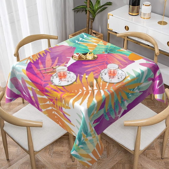 YFYANG Square Polyester Table Cloth, 54" x 54" Reusable Table Cover Kitchen Dining Room Colorful Watercolor Leaf Doodle Decorative Tablecloths for Tables of 2-4 People