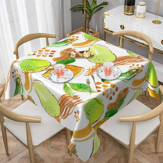 YFYANG Square Polyester Table Cloth, 60" x 60" Reusable Table Cover Kitchen Dining Room Green Abstract Fruit Doodle Decorative Tablecloths for Tables of 2-4 People