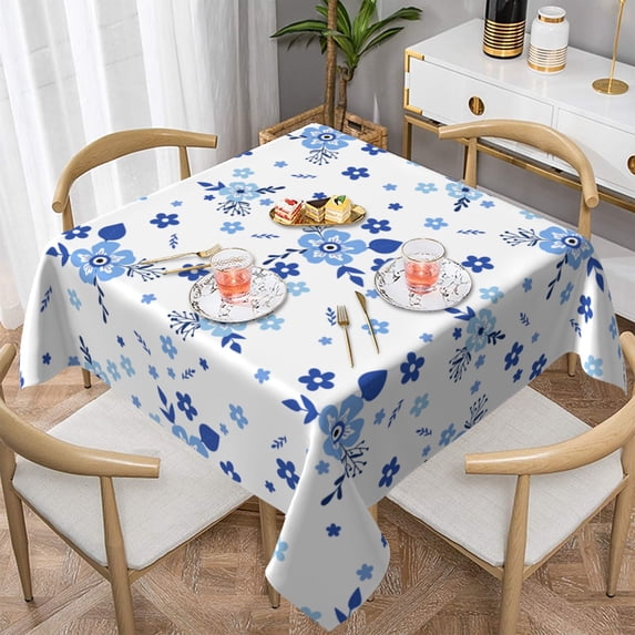 YFYANG Square Polyester Table Cloth, 60" x 60" Reusable Table Cover Kitchen Dining Room Small Blue Flower Pattern Decorative Tablecloths for Tables of 2-4 People