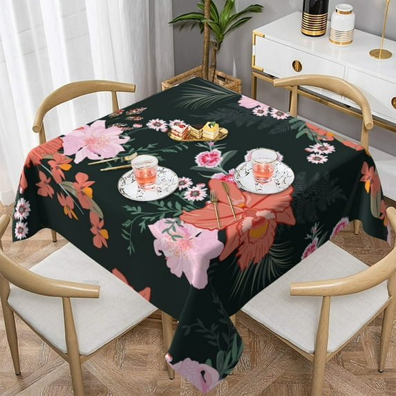 YFYANG Square Polyester Table Cloth, 60" x 60" Reusable Table Cover Kitchen Dining Room Vintage Hibiscus Pattern Decorative Tablecloths for Tables of 2-4 People