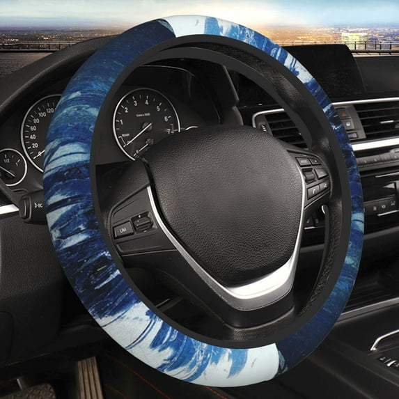 YFYANG Universal Elastic Abstract Blue Ink Texture Car Steering Wheel Cover, Non-Slip Sweat Absorbent