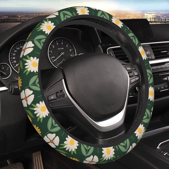 YFYANG Universal Elastic Green Blooming Daisy Pattern Car Steering Wheel Cover, Non-Slip Sweat Absorbent