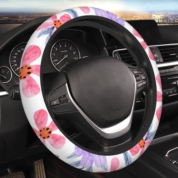 YFYANG Universal Elastic Pink Watercolor Flowers Car Steering Wheel Cover, Non-Slip Sweat Absorbent