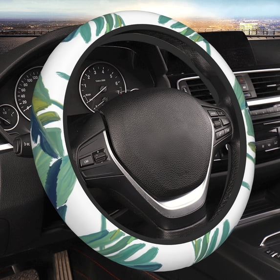 YFYANG Universal Elastic Tropical Green Foliage Car Steering Wheel Cover, Non-Slip Sweat Absorbent