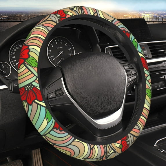 YFYANG Universal Elastic Vintage Abstract Line Flower Car Steering Wheel Cover, Non-Slip Sweat Absorbent
