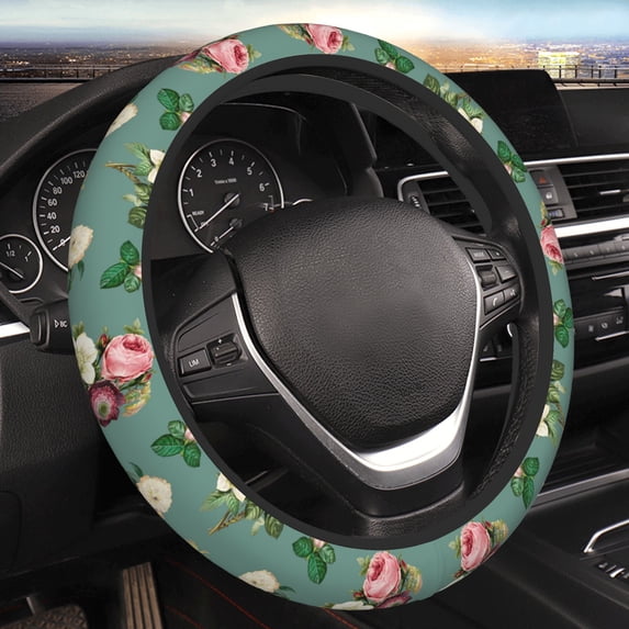 YFYANG Universal Elastic Vintage Roses Floral Pattern Car Steering Wheel Cover, Non-Slip Sweat Absorbent