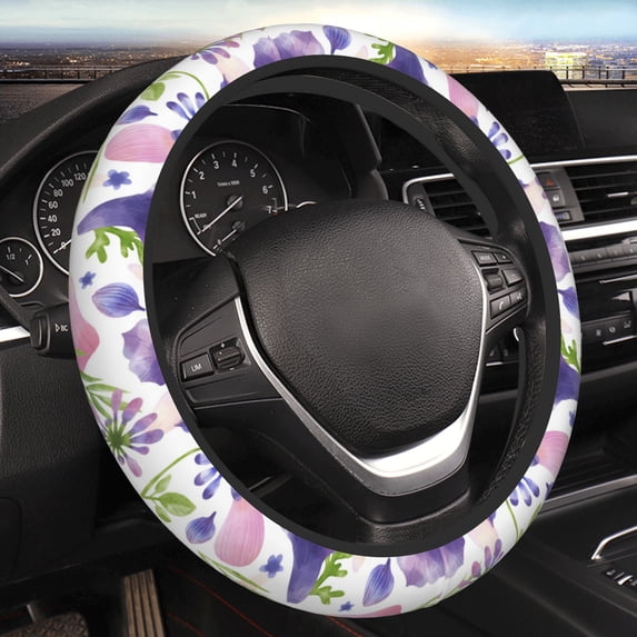 YFYANG Universal Elastic Watercolor Purple Floral Pattern Car Steering Wheel Cover, Non-Slip Sweat Absorbent