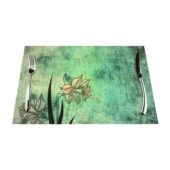 YFYANG Washable Heat-Resistant Placemats, 70% PVC/30% Polyester, Green Vintage Flowers Kitchen Table Mat, 12" x 18" 6 Pcs