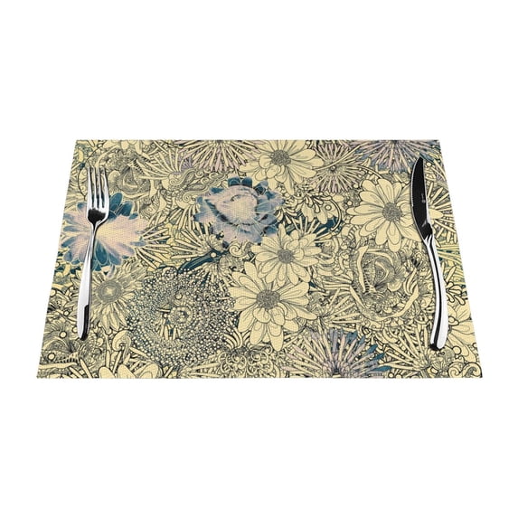 YFYANG Washable Heat-Resistant Placemats, 70% PVC/30% Polyester, Vintage Yellow Flowers Kitchen Table Mat, 12" x 18" 6 Pcs