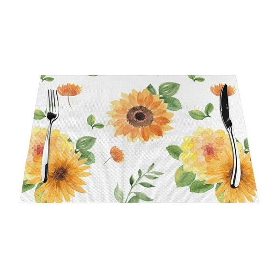 YFYANG Washable Heat-Resistant Placemats, 70% PVC/30% Polyester, Watercolor Sunflower Flower Kitchen Table Mat, 12" x 18" 4 Pcs
