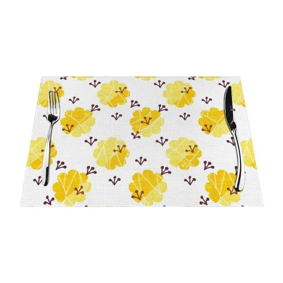 YFYANG Washable Heat-Resistant Placemats, 70% PVC/30% Polyester, Yellow Polka Dot Flowers Kitchen Table Mat, 12" x 18" 4 Piece