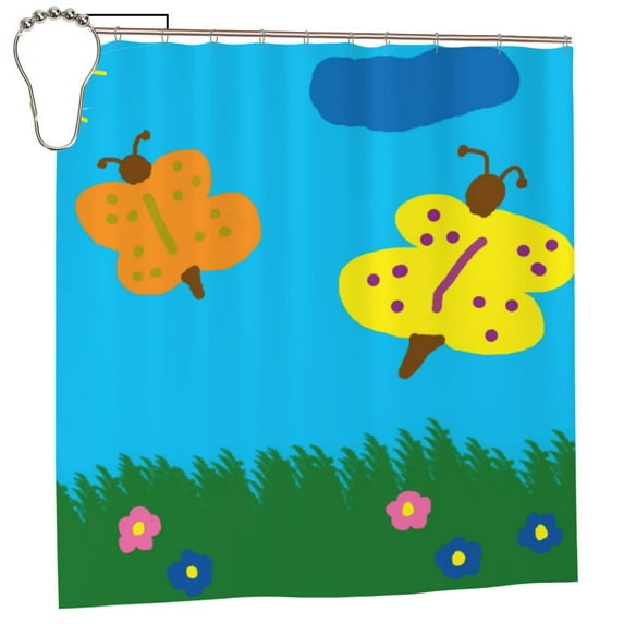 YFYANG Waterproof Bathroom Shower Curtain, Butterfly Meadow Graffiti Shower Curtain Set with Hooks, Home Bathroom Tub Decor - 72 "x72", Iron Hooks
