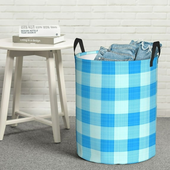 YFYANG Waterproof Laundry Hamper, Light Blue Plaid Pattern Laundry Basket Oxford Fabric with Handle Foldable, S