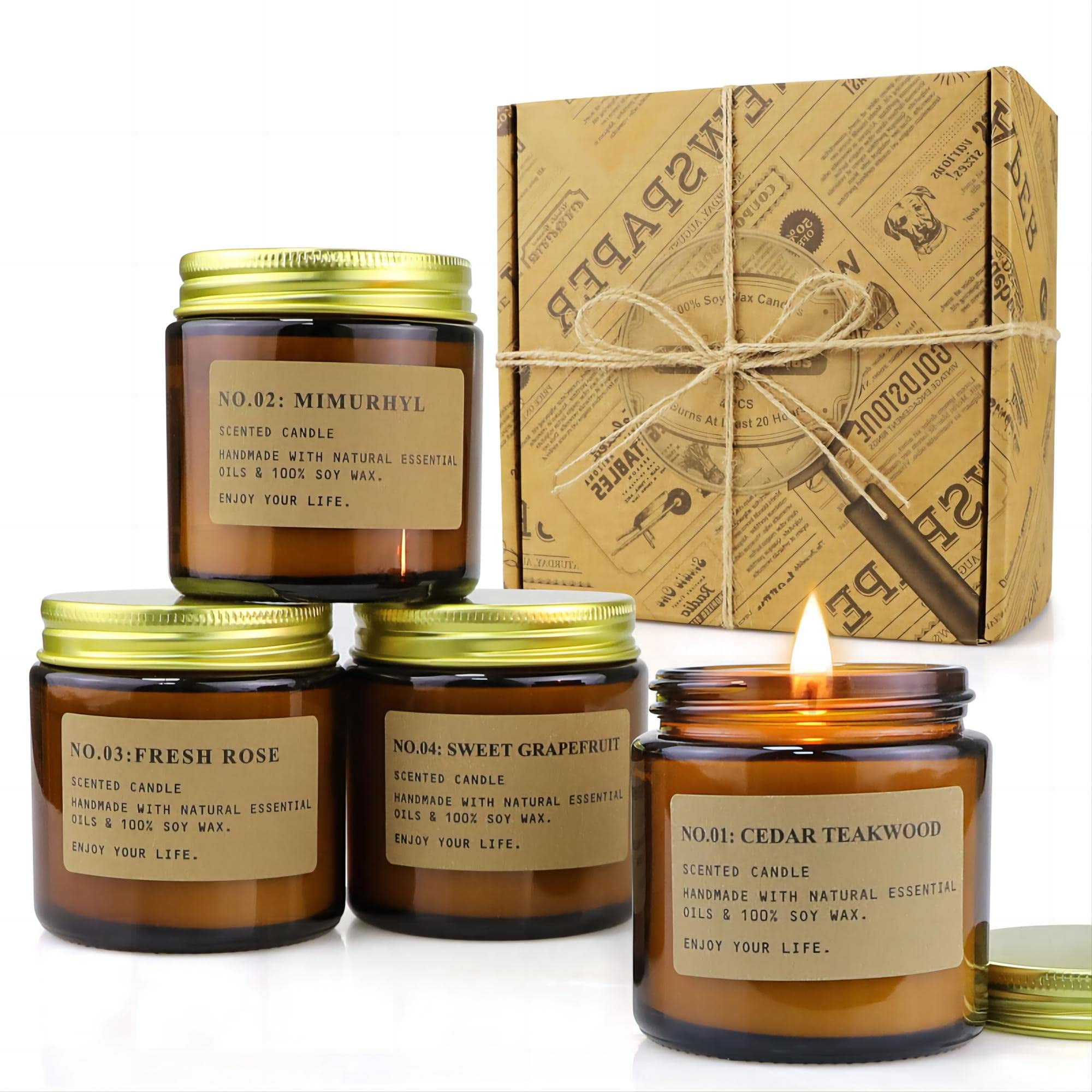 Amber Glass Soy Wax Scented Candle Set, 4 Pack