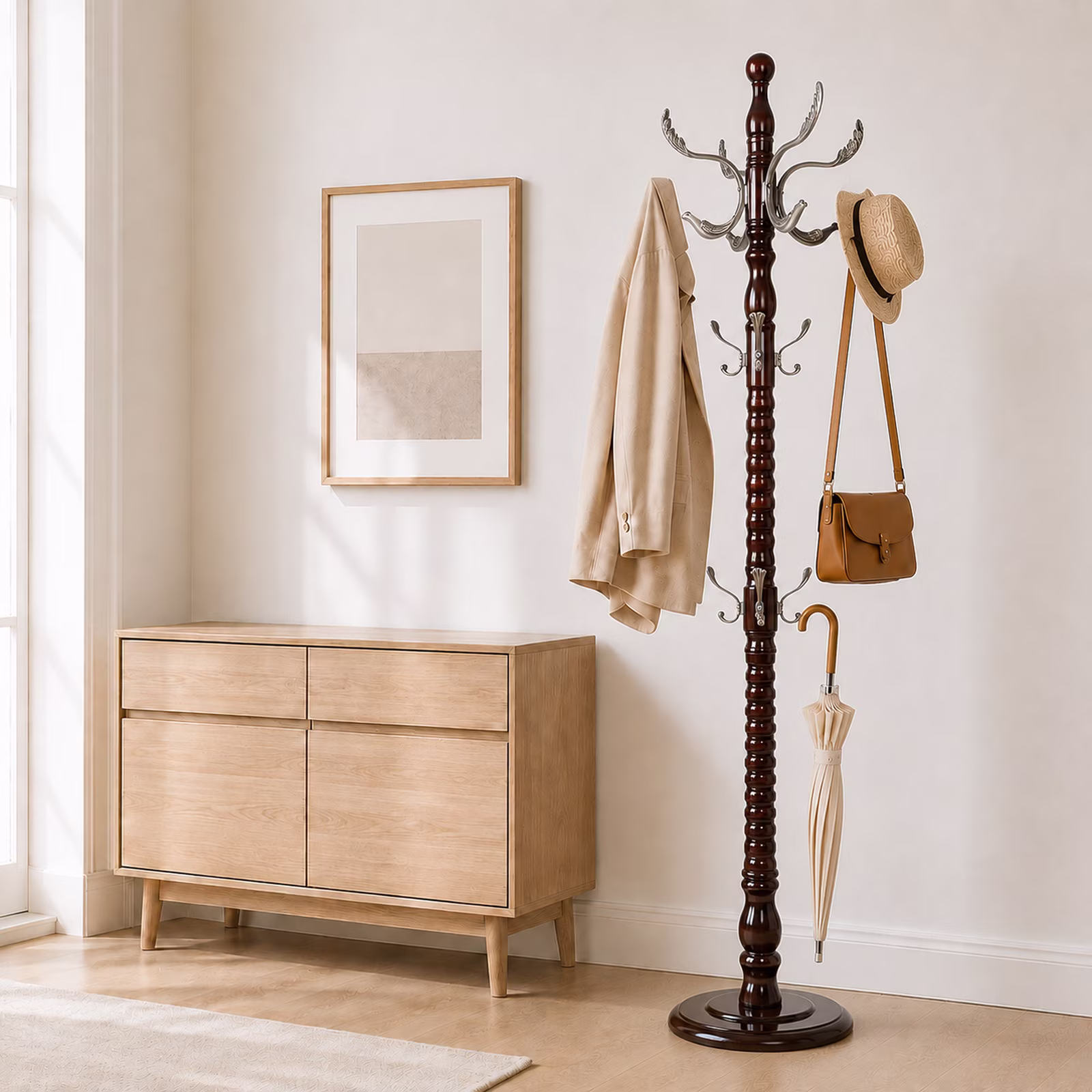 YFYUA Natural Birch Wooden Coat Rack Freestanding with 14 Silver Metal Hooks, 2 Adjustable Heights and 15.74-Inch Round Base, Coat Tree Stand for Entryway, Bedroom and Office, Reddish Brown