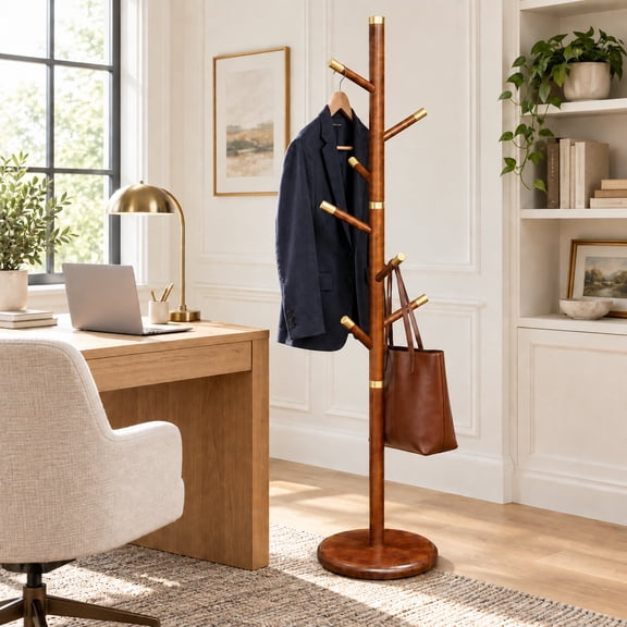 YFYUA Solid Wood Coat Rack Freestanding with 6 Gold-Tone Capped Hooks, 72.8-Inch Wooden Coat Tree with Wide Round Base for Entryway, Bedroom, Living Room and Office, Walnut Brown